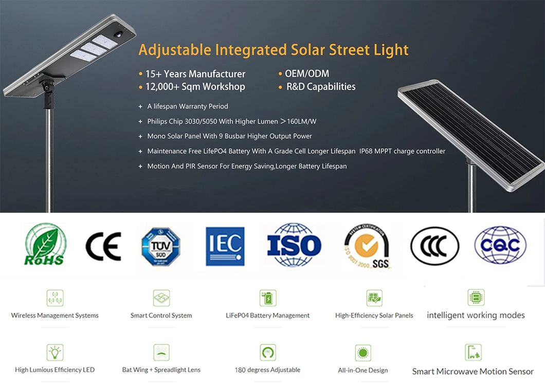 180° Adjustable Universal Joint 30W~120W All in One Solar Street Light MPPT/PWM Controller